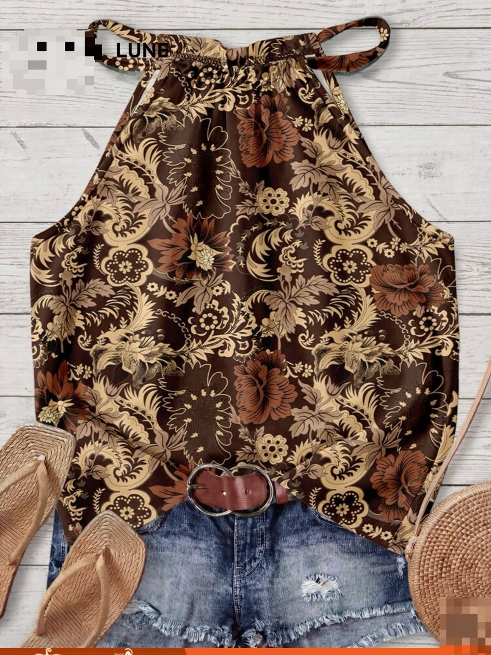 Sleeveless Halter Floral Top - Brown & Cream